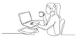 © Creative_Oneline - Continuous line drawing of a focused woman working on her laptop computer, holding a coffee mug, representing remote work and productivity. Vector