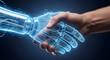 © Will Saragih - A realistic concept of a human hand shaking a holographic robotic hand made of glowing blue light and digital particles