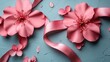 © naeem - Large pink paper flowers with satin ribbon on textured light blue background blending intricate bloom soft elegance and celebratory charm