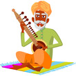 © Iho - Elderly Indian Musician Wearing Orange Turban and Green Kurta Sitting Crosslegged on Colorful Rug Playing Sitar