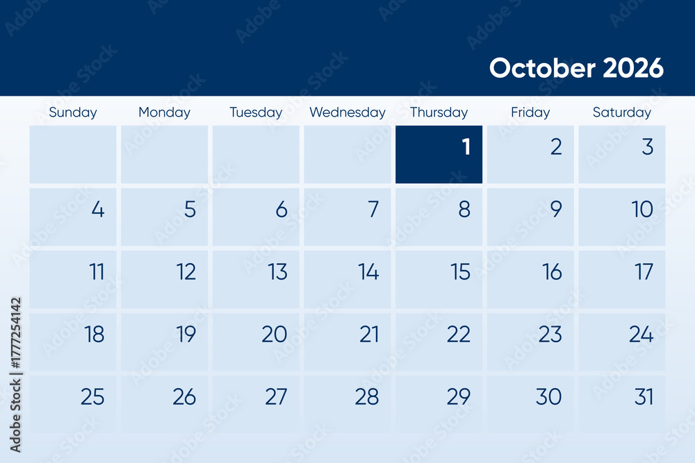 1 October 2026 calendar day design. It shows 2026 October 1 date ...