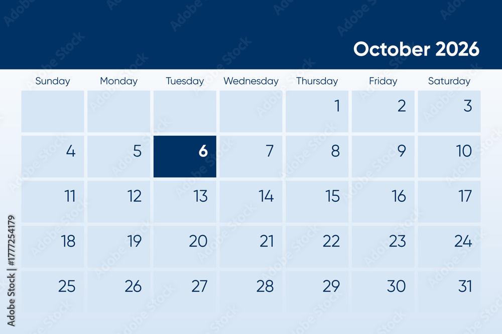 6 October 2026 calendar day design. It shows 2026 October 6 date ...
