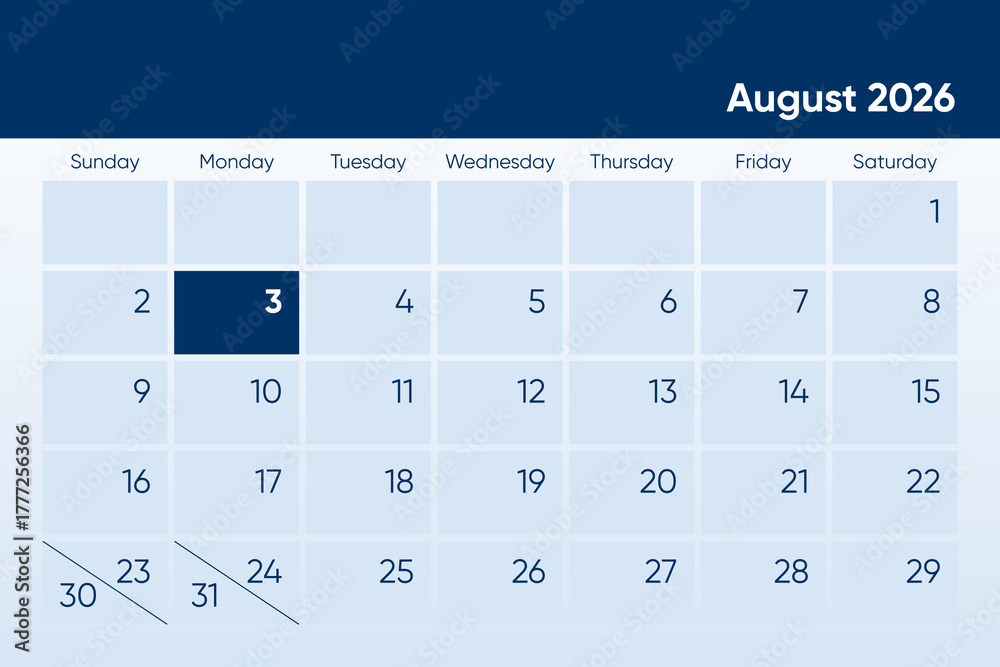 3 August 2026 calendar day design. It shows 2026 August 3 date calendar ...