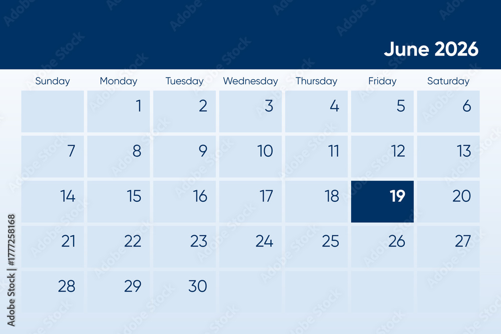 19 June 2026 calendar day design. It shows 2026 June 19 date calendar ...