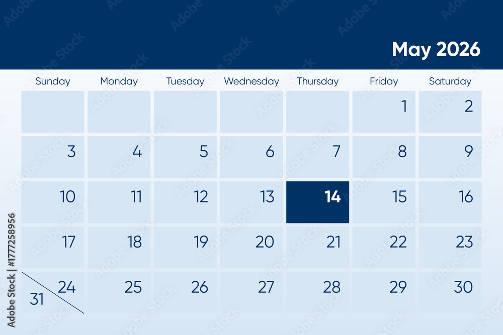 14 May 2026 calendar day design. It shows 2026 May 14 date calendar ...