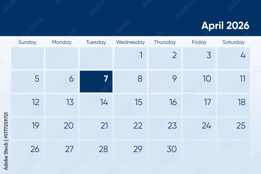 7 April 2026 calendar day design. It shows 2026 April 7 date calendar ...