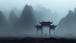 © Sajib - A misty landscape with a traditional chinese gate and distant mountains in the background