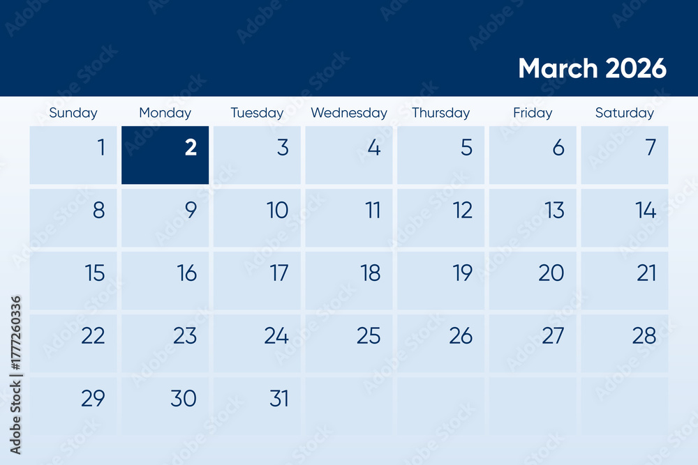 2 March 2026 calendar day design. It shows 2026 March 2 date calendar ...