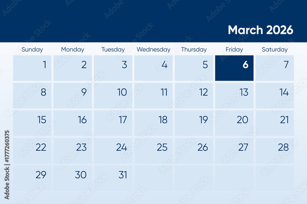 6 March 2026 calendar day design. It shows 2026 March 6 date calendar ...