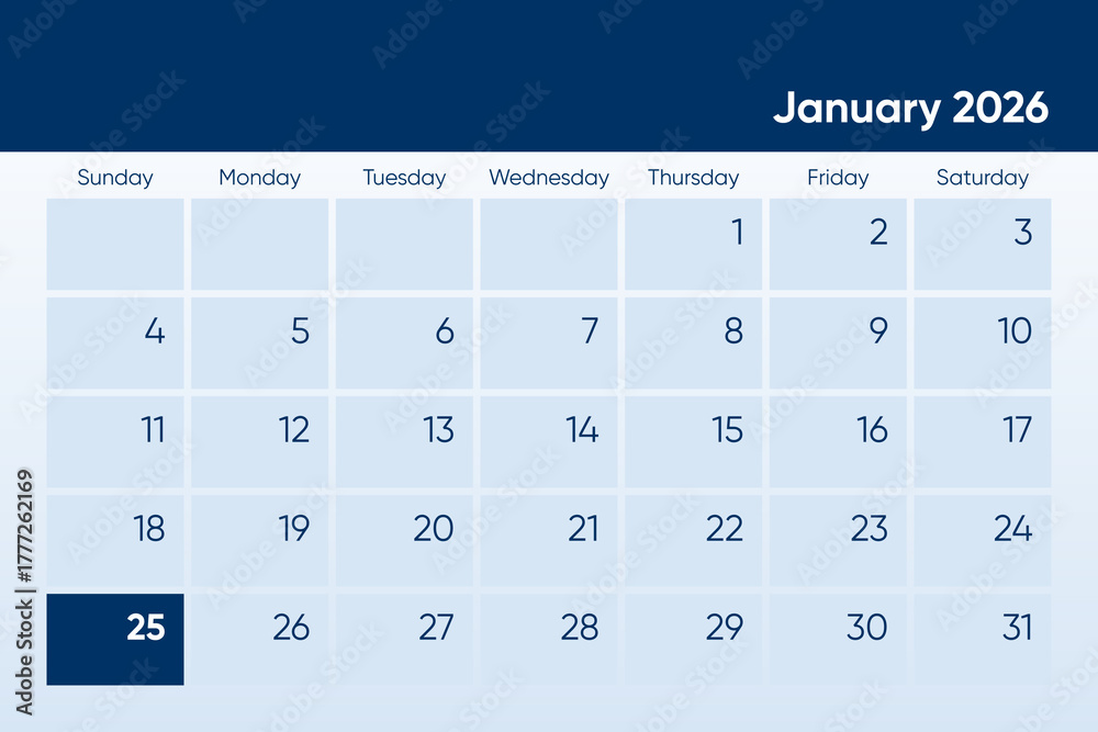25 January 2026 calendar day design. It shows 2026 January 25 date ...