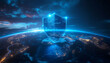 © Mahemud - Global digital shield protecting Earth with data security and cybersecurity, modern technology concept with glowing neon outline