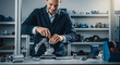 © andyka - Smiling male engineer assembling a miniature robotic arm with precision tools in a modern technology workshop, surrounded by various mechanical components and equipment.