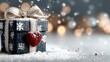 © Lee - Opened elegant blue gift box with white satin ribbon, snowflakes and Christmas ornaments. Red heart inside revealed amidst falling snow. Conveys romantic surprise and holiday warmth.