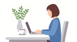 © liberty - Illustration of woman working on a laptop in a bright workspace with plant and coffee mug on desk