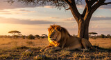 Majestic lion resting under acacia tree in African savanna