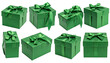 © Pej - Eight green gifts adorned with satin ribbon bows on black background
