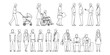 © MkJutt - CAD Drawings. Side and front views of diverse people in different activities such as walking, standing, and sitting isolated on white background. Vector illustration.