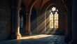 © chaiwat - A shadowy cathedral interior, stained glass casting ethereal light on ancient stone, hinting at a sacred, yet melancholic atmosphere , gothic, stone, mood