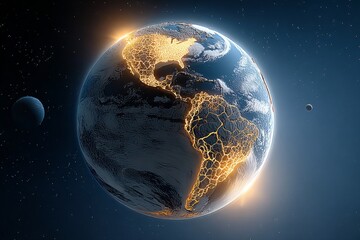  Stunning Aerial View of Earth at Night with Bright City Lights and Orange Continental Outlines