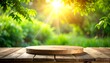 © liam turner - Round wooden serving board on rustic outdoor table with lush green forest and golden sunlight in background, evoking natural tranquility, outdoor hospitality, and warm seasonal simplicity.