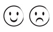 © Shyamali - Hand drawn doodle Happy and sad emoticon face contrast. Simple black and white illustration showing happy and sad faces side by side, representing opposite emotions and mood contrast.