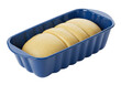 © Johanna - Isolated bread dough, uncooked, resting in a grooved blue baking pan, ready for the oven