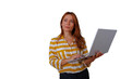 © Komora - Elegant businesswoman holding laptop, thinking, planning big ideas for innovation and future success with technology