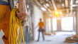 © A2Z AI  - Electrician carrying yellow wiring on-site, surrounded by blurred construction. Represents skilled trades, infrastructural work, and the progression of a building site.