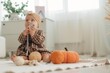 © standret - Playing with toy. Cute little baby is sitting on the floor at home with pumpkins toys