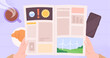 © LadadikArt - Morning news reading. Person drink coffee, eating croissant and rean newspaper. Breakfast, daily routine illustration. Breaking news, find information, vector background