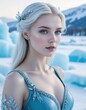 © Ant - A stunning woman with platinum blonde hair and blue eyes wears an elegant icy blue dress, set against a winter landscape of ice formations.