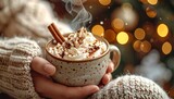 Femme tenant une tasse de chocolat chaud fumant avec crème fouettée et cannelle, ambiance cozy "hygge" de Noël