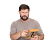© afxhome - Bearded man holding vintage wooden abacus, looking confused and puzzled. Funny concept of outdated accounting, meme idea of dumb accountant not understanding. Isolated on transparent background.