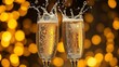© Mio - Two champagne glasses with sparkling liquid, capturing a dynamic splash against a festive golden backdrop.