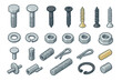 © Andrei - Isometric set of construction and industrial metal fasteners including bolts, screws, nuts, washers, and pins