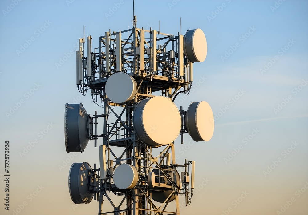 Close-up of a cell tower with various antennas for mobile network data ...