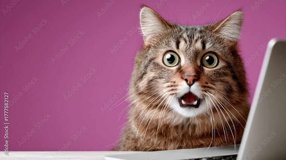 Glaring Computer Cat Cat with its mouth open is staring at a laptop. The cat's eyes are wide ...