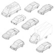 © German Ovchinnikov - Low poly cars in a grid arrangement feature unique designs and a gradient of light to dark colors. The wireframe details are clearly visible against the white background. Isometric view