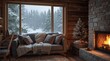 © Devi - Interior scene of a cozy cabin with a fireplace and a winter forest view.