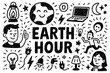 © FriskySloths - Earth Hour doodle composition with candles, planet earth, and environmental awareness icons, Transparent Background