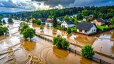 Flooded Houses and Trees in a River Aerial View.