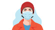 © Adil - Portrait of a young person wearing a red beanie, orange jacket, and a blue medical face mask for protection during a pandemic.