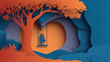 © Anucha - Paper art scene depicting a couple sitting on a swing hanging from a tree in a cave with warm orange backlight and intricate layered paper textures for a dreamy silhouette effect