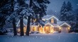 © Ruma - Residential dwelling adorned with bright holiday illumination during a nighttime snowfall