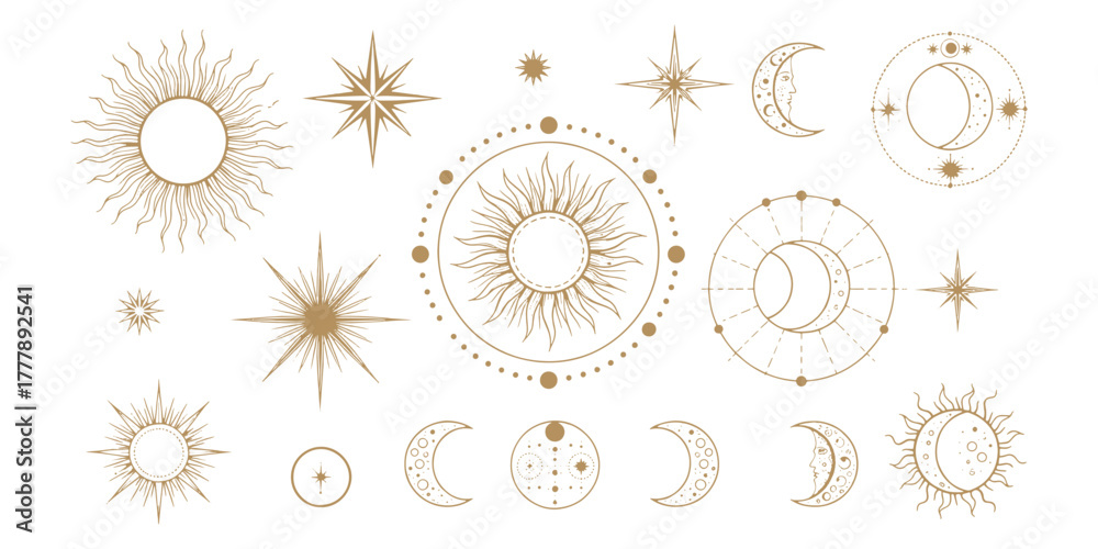 Celestial Elements Sun, Moon, and Stars Constellation Icons - Esoteric ...