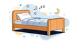 © John - Simple illustration of a cozy wooden bed with a pillow and blanket, set against a light blue background with stars, moons, and sleep \.