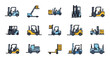 © Jambu - A colorful collection of forklift pallet jack and warehouse lifter vehicle icons for industrial logistics.
