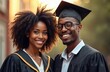 © Maryna - Black african man, woman celebrate graduation. Couple smiles wearing cap, gown. Students graduate university, college. People happy, enjoy degree. Academic success, certificate, diploma concept.