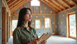 © AlenaSi - Interior construction site with Asian woman holding clipboard looking at house frame. Interior construction inspection to verify compliance with building codes, ensure structural integrity,