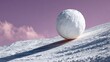 © Nataliia_Trushchenko - A large white snowball is rolling down a snow covered hill. The sky is pink and the snow is white